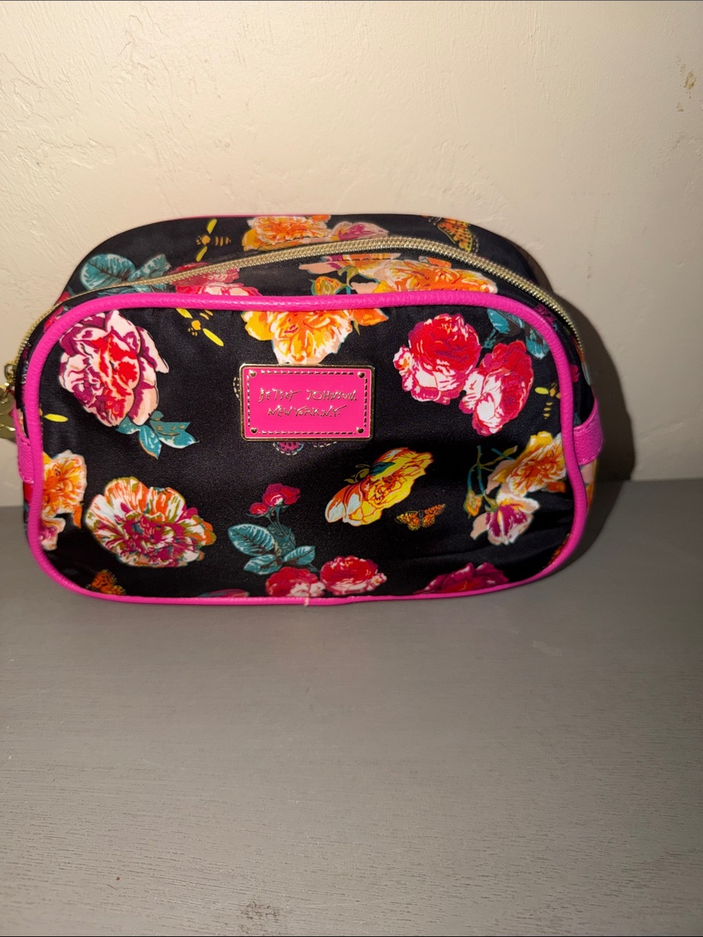 Betsey Johnson Black Floral Cosmetic Bag with Hot Pink Trim